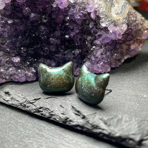 Custom Elegant Green Cat Hand Made Stud Post Earrings - Picture 3 of 11